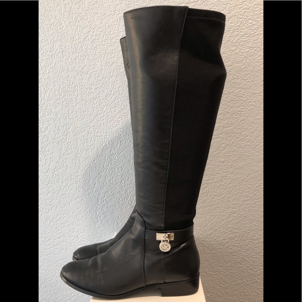 🔥EUC Michael Kors Black Leather Hamilton Boots sz 5.5/6 Logo Stretch